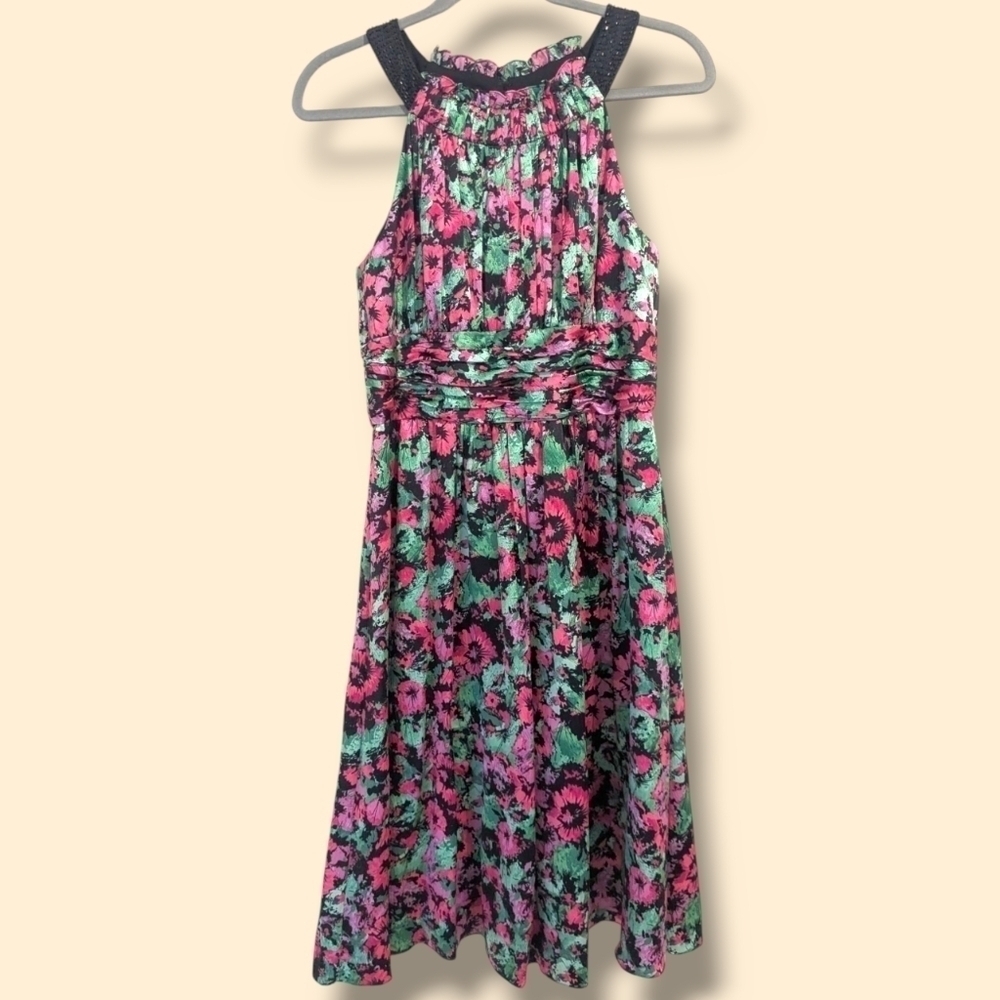Kay Unger Pink Green Floral Ruched Silk Sleeveless Flowy Dress Glam Evening